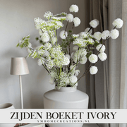 Zijden Boeket met of zonder  Vaas - Ivory met VTW Tugale Matte Ivoor - Shop bij Y&M Home Creations. "Een stijlvolle, prachtig zijden bloemen, voor op een bijzondere plek!"