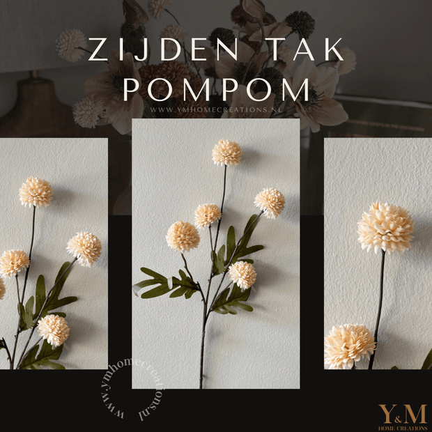 Zijden Tak PomPom Beige | Cream | Creme XS 52cm - Shop bij Y&M Home Creations Laat je interieur shinen met deze prachtige, stijlvolle zijden decoratie takken! 