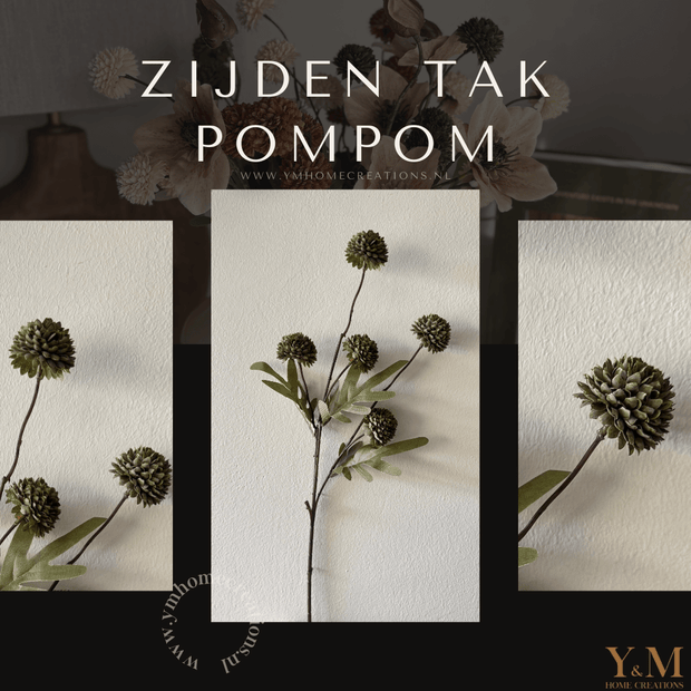 Zijden Tak PomPom Dark Olive | Dark Green | Groen XS 52cm - Shop bij Y&M Home Creations Laat je interieur shinen met deze prachtige, stijlvolle zijden decoratie takken! 