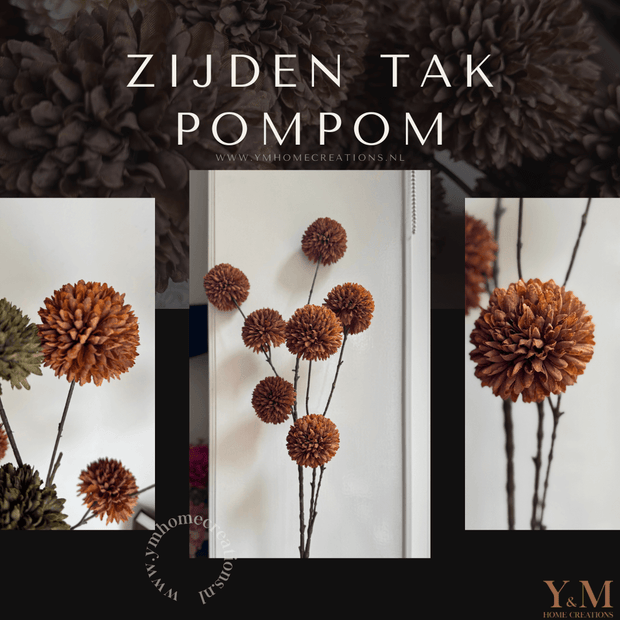 Zijden Tak PomPom Dark Cognac Brown | Bruin L 98cm - Shop bij Y&M Home Creations Laat je interieur shinen met deze prachtige, stijlvolle zijden decoratie takken! 