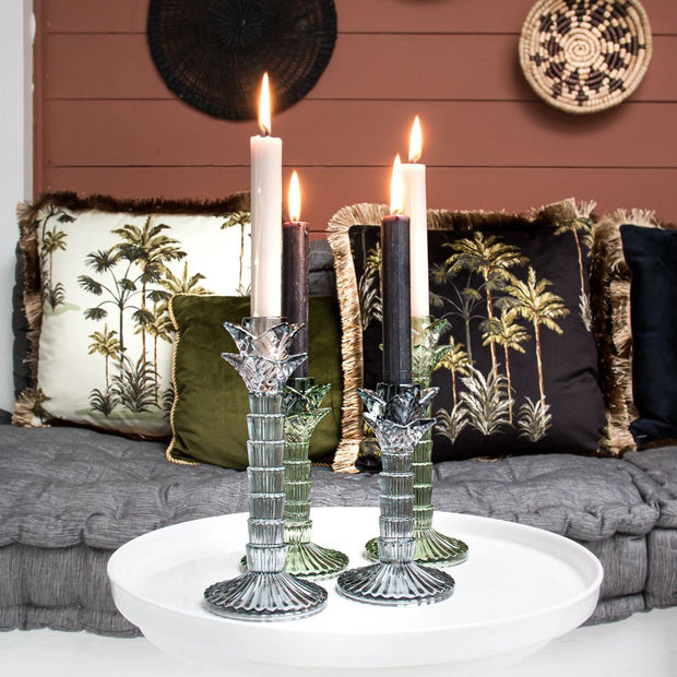Y&M Home Creations Glazen Kandelaar - Smokey Grey Palm Kandelaar  -  Romantische avonden. - Kerstdagen - Eettafel versiering – Grey - 