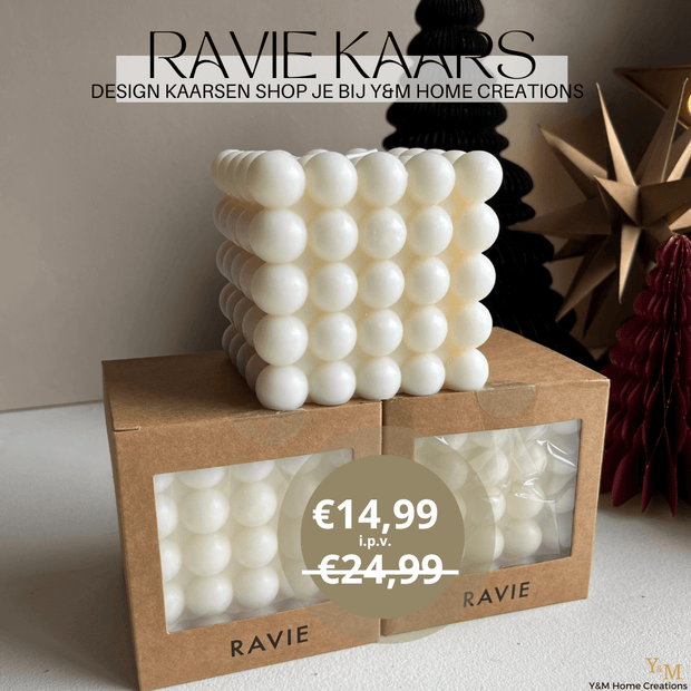 Design Bubble Blok Kaars Crème | Wit - Ravie Kaarsen - Shop ze bij Y&M Home Creations nú met Super Korting! - Cube Kaars – Balletjes kaars