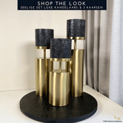 Shop the Look 3delige set  Luxe Gouden Kandelaar Metaal  - Deze luxueuze kandelaars zijn echte sfeermakers. De gouden kleur schittert prachtig bij het kaarslicht. De kaarshouders geven een chique uitstraling.