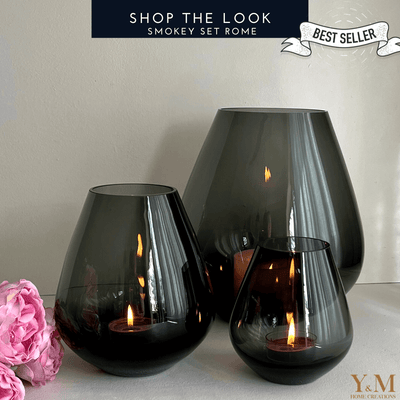 Y&M Home Creations Shop The Look  Inspiratie Set  Rome - 3 delig TASMAN Smokey  Rookglas Windlichten - Vase The World - Windlichten - Vazen - Koop jouw set bij Y&M Home Creations