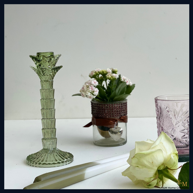 Y&M Home Creations Glazen Kandelaar -  Romantische avonden. - Kerstdagen - Eettafel versiering – Olijf Groen – Olive Green